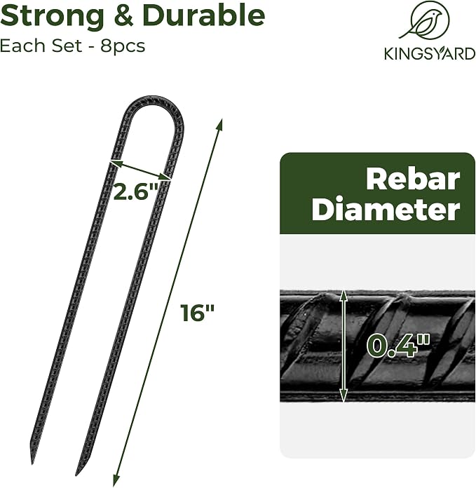Kingsyard 16 Pack Trampolines Wind Stakes-16 Inch Long, 0.4 Inch Diameter Galvanized Steel U Hook Rebar Stakes, Multi-Purpose Heavy Duty Ground Anchors for Tent, Fences, Swing, Landscape, Black