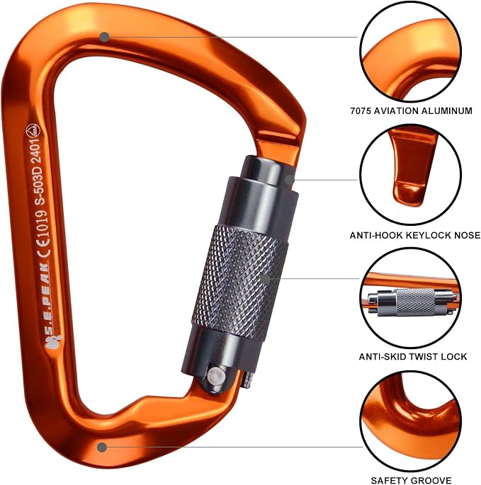 SEPEAK UIAA 30kN Climbing Carabiner Clips, Professional Heavy Duty Twist Locking Carabiners for Climbing,Mountaineering, Rappelling, Camping, Hiking, Swings, Large D Ring Hooks