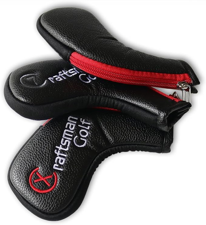 Craftsman Golf 11pcs /Set (4,5,6,7,8,9,A,S,P,L,X) Synthetic Leather Black with Red Edge Iron Head Cover Headcover Set for Callaway Ping Etc. with Zipper