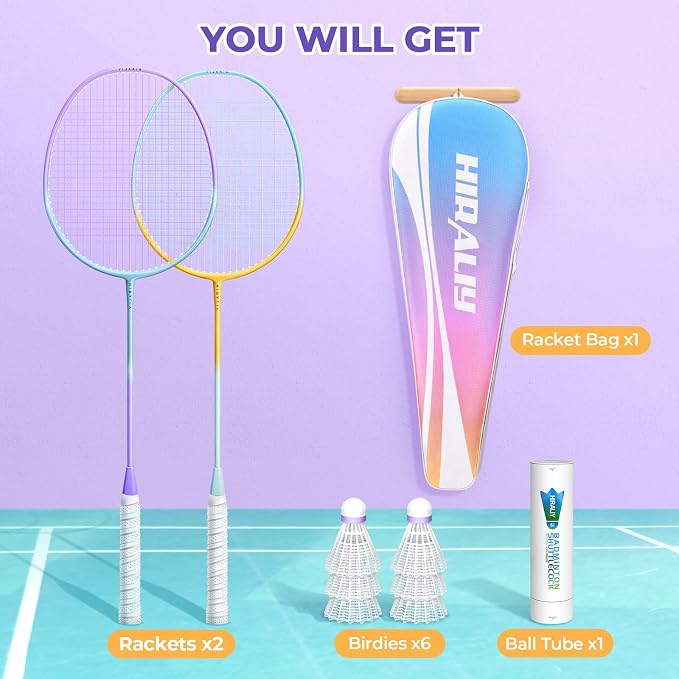 HIRALIY Badminton Rackets Set for Backyards, Badminton Set, Includ 2/4 Rackets, 6/12 Birdies, 1 Carrying Bag, Outdoor Game for Adult Family Beginner