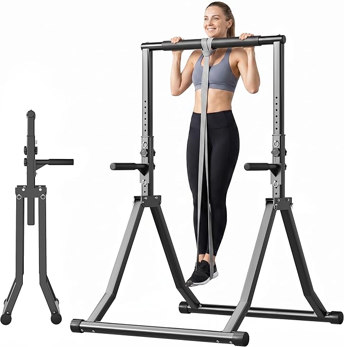 Foldable Power Tower Dip Station for Pull Ups, 58.3"-76.8" 12 Level 700 LBS, Adjustable Dip Handles & Assistance Bands Foldable Home Gym Equipment