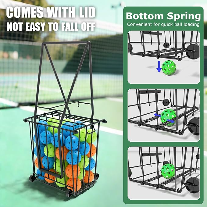 Tennis & Pickleball Hopper with Wheels – Ball Pick Up Basket, Pickleball Ball Retriever Ball Holder Storage Holds 75 Tennis Balls & 50 Pickleballs