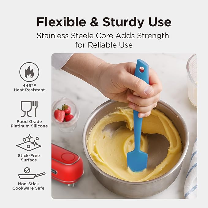 Kitchen Mama WaltzGrip Platinum Silicone Jar and Can Spatula Utensil Set: Heat-Resistant, Nonstick Scraper, Scooping, Perfect for Smoothies, Jam, Cream, Peanut Butter, Dishwasher Cooking Gadget (Blue)