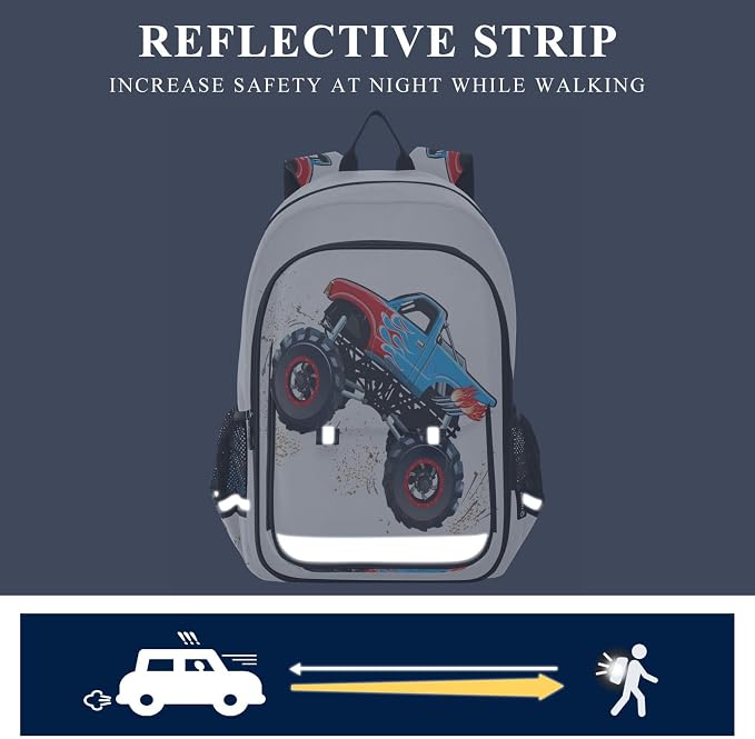 Fisyme Cartoon Monster Truck School Backpack Laptop Backpack Bags Bookbag Travel Casual Computer Notebooks Daypack