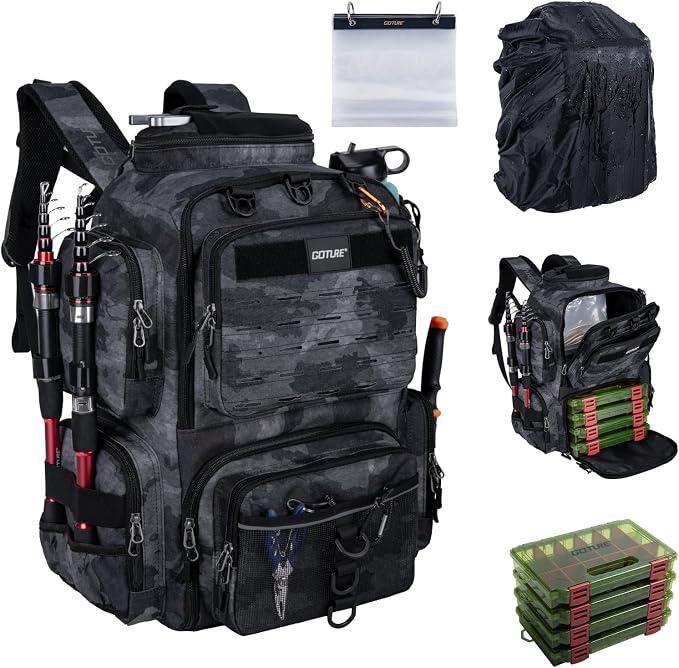 Goture Fishing Backpack with 4 Tackle Boxes,900D Water-Resistant Tackle Backpack with Rod Holders,SBS Zippers,45L Large Tackle Storage Gear Bag with Rain Cover,Bottle Holder for Travel Camping Hiking