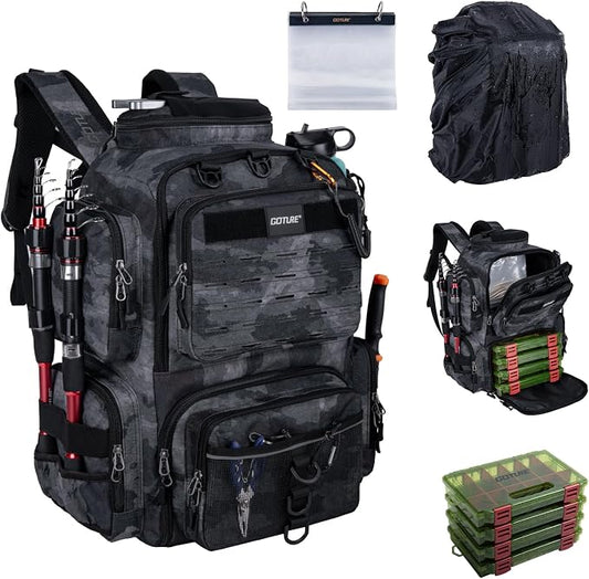 Goture Fishing Backpack with 4 Tackle Boxes,900D Water-Resistant Tackle Backpack with Rod Holders,SBS Zippers,45L Large Tackle Storage Gear Bag with Rain Cover,Bottle Holder for Travel Camping Hiking