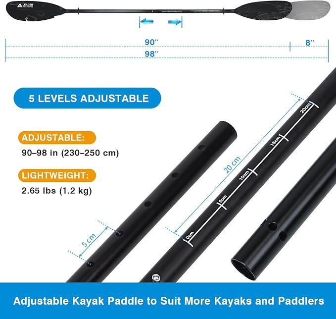 Leader Accessories Adjustable Kayak Paddle Boat Oar: Kayak Canoe Paddles 90-98 inch/230-250cm - Aluminum Floating Kayaking Fishing Oars with Paddle Leash for Adults Youth