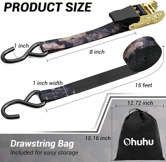 Ratchet Tie Down Strap 8-Pack 15 FT - 500 lbs Load Cap with 1500 lbs Breaking Strength Limit, Ohuhu Ratchet Tie Down Logistic Cargo Straps for Moving Appliances Cargo Motorcycle Lawn Equipment