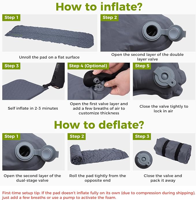 ATEPA Ultralight Self Inflating Sleeping Pad for Backpacking, 1.65lbs Compact 3-Season Camping Mat with R-Value 2.3, 1.2" Thick Insulated Foam Pad for Hiking, Trekking & Mountaineering - Grey