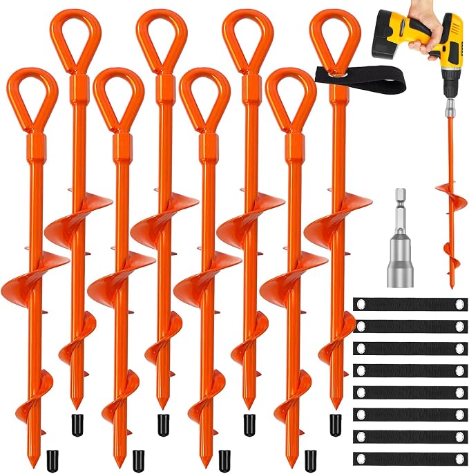 Dongxw Ground Anchors, Shed Anchor Kit - 15 Inch, 4-Pack Spiral Stakes, Ground Anchors Heavy Duty - Strong Wind Resistant for Camping Tents, Carports, Swing Sets, and Canopies - Earth Anchors (Orange)