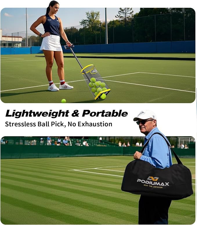 PodiuMax Tennis Ball Picker Upper, 30 Pickleball Picker Upper, 42 Tennis Ball Collector, Portable Pickleball Retriever for Easy Collection & Storage