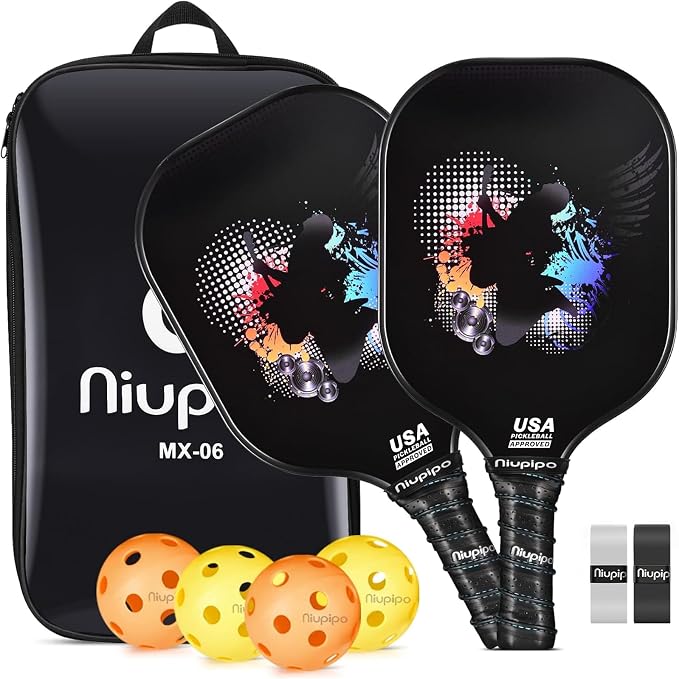 niupipo Pickleball Paddles Set of 2/4/1, USAPA Approved Carbon Fiber & Fiberglass Hybrid, Easy Power, Polypropylene Honeycomb Core, Cushioned 4.72" Grip, Bag/Cover, Pickleball Paddle Set for Men Women
