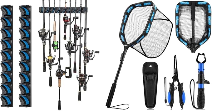 PLUSINNO 2 pack Vertical Fishing Rod rack, Wall Mounted Fishing Rod holder, With Black Fish Claw Control DeviceLS08-03，