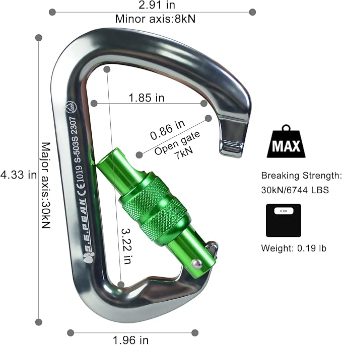 SEPEAK UIAA 30kN Locking Climbing Carabiner, Professional Heavy Duty Screwgate Clip for Outdoor Climbing, Mountaineering, Rappelling, Camping, Hiking, Swing,Large D Carabiner Hook/6744lb