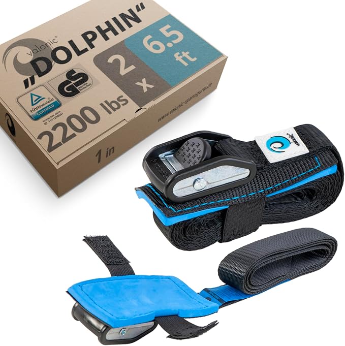 valonic Dolphin - tie Down Straps - 2 Pack, 6.5 ft x 1 inch, 2200 lbs, Protection pad, TÜV Rheinl. Certified, Protection padcam Buckle - for roof Rack, Surfboard, Kayak, Boat and Bike, Black