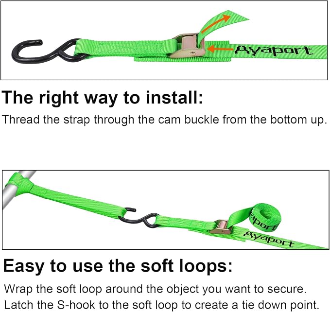 Ayaport Cam Buckle Tie Down Straps 10 feet 2200lbs Break Strength Green Securing Straps with S Hooks for Motorcycle, Kayak, Car, Truck, Dirt Bike