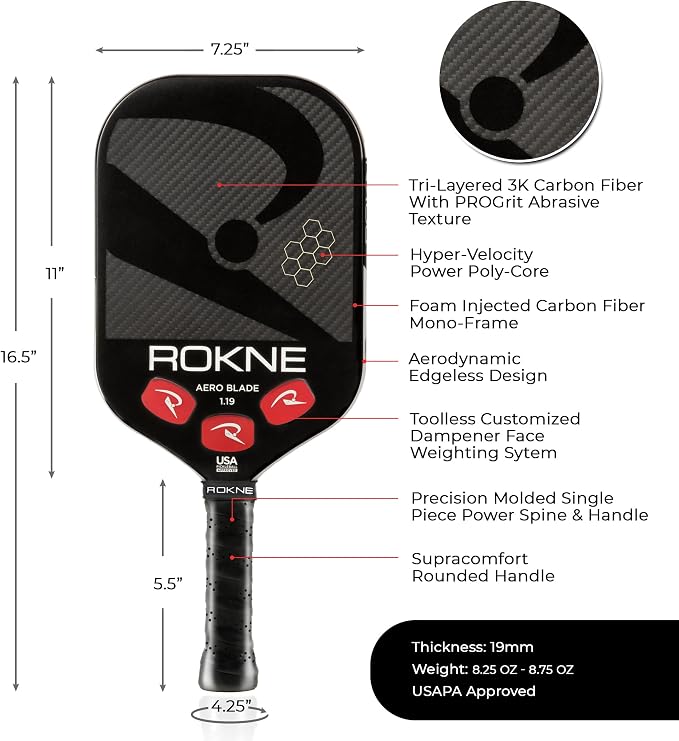 ROKNE Aero Blade 1.19 Pickleball Paddle | USAPA Approved 3K Carbon Fiber Pickleball Paddles | Custom Face Weighting & Foam Injected Mono-Frame | ProGrit Texture for Max Spin & Power | Pro Series