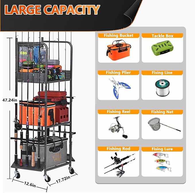 Heavy Duty Fishing Rod Rack, Fishing Organizer for Garage, Fishing Gear Holder for Garage with Movable Wheels