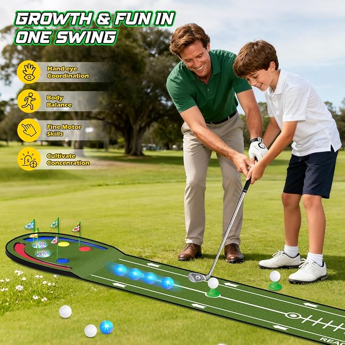 TERRAMUS Upgraded Golf Putting Mat for Kids, 7.8 Ft Putting Green with LED Light up Holes, Glowing Balls, 2 Clubs, Toy Golf Game Set, Golfing Mats Indoor Outdoor, Sport Golf Gift for Kids Teens Family