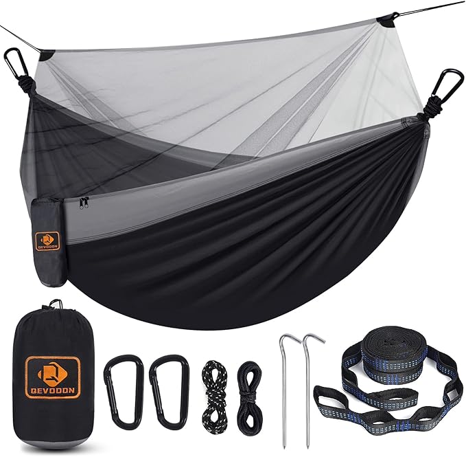 Qevooon Camping Hammock with Net,Travel Portable Lightweight Hammocks with Tree Straps and Solid D-Shape Carabiners,Parachute Nylon Hammock for Outsides Backpacking Beach Backyard Patio Hiking