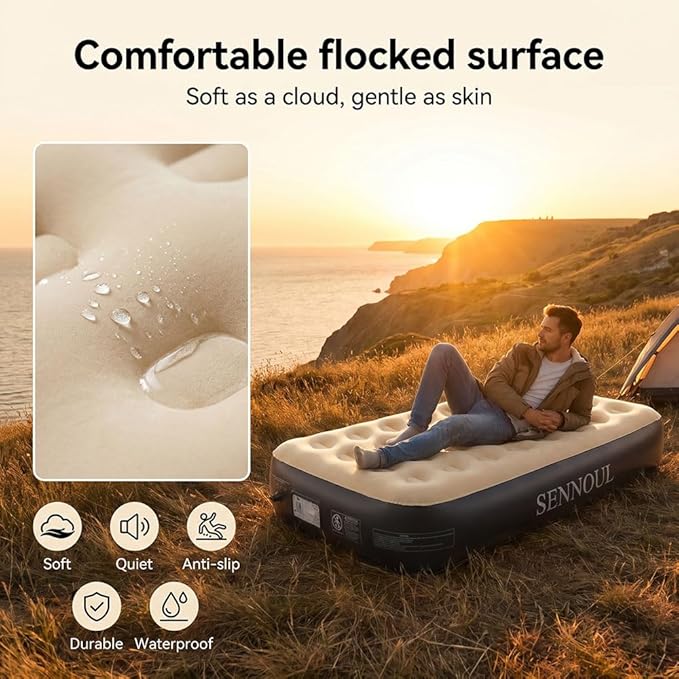 SENNOUL Air Mattress Twin with Built in Pump - 2 Mins Quick Self Inflatable,13"/550lbs Max Blow Up Bed, All Night Stability No Lost Air，No Peculiar Smell for Camping,Home,Guests & Portable Travel