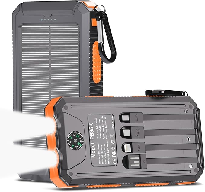 Solar Power Bank 20000mAh, 4 Built-in Cables, Portable Phone Charger