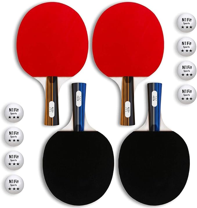 N1fit Ping Pong Paddle Set - 4 Professional Rackets, Retractable Net, 6 Pig Pong Balls, Carry Case - Indoor and Outdoor Table Tennis Play