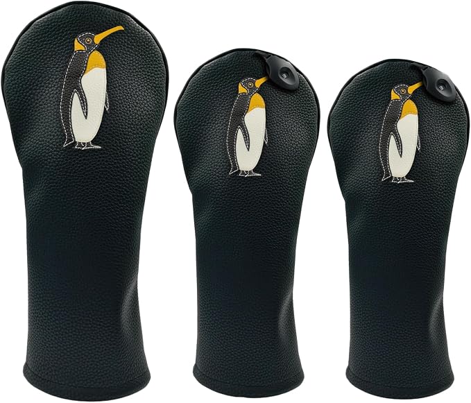 Penguin PU Leather Golf Club Covers Driver Headcovers Fairway Woods Hybrid Protector with Interchangeable Number Tag