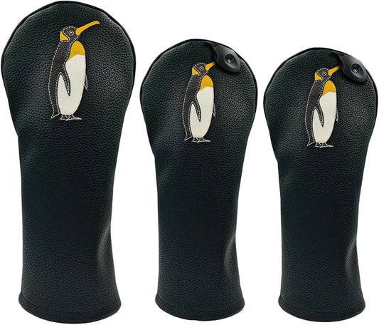 Penguin PU Leather Golf Club Covers Driver Headcovers Fairway Woods Hybrid Protector with Interchangeable Number Tag