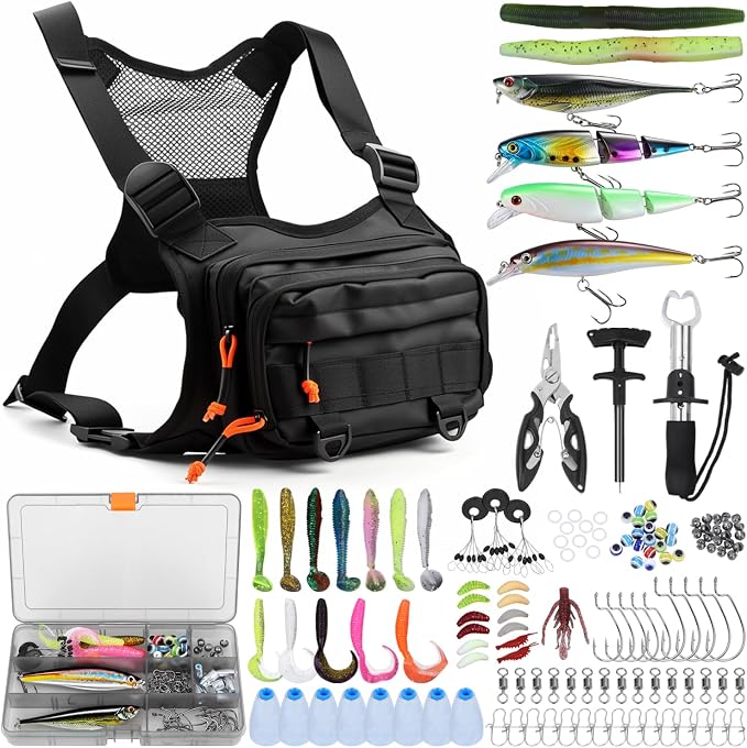 All in One Fishing Chest Pack Tackle Bag with Tackle Box, Fishing Lures Kit | Hook Remover Tool, Fish Lip Gripper, Fishing Plier Friendly for Beginners & Professional Anglers Gifts for Men (Black)