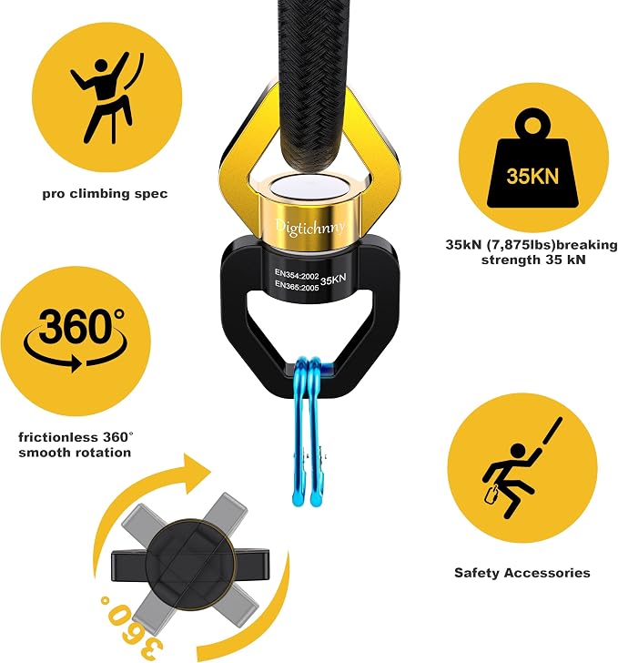 Swing Swivel Heavy Duty, 35KN Safety Rotational Device,Spinner Swivel for for Web Tree Tire Rope Swing, Aerial Dance, Hanging Hammock with 2 carabiners,Black Gold