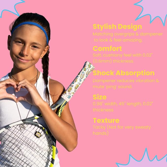 Tennis Tape & Dampener Set - 2 Tacky 45” Long x 0.98” Wide Racket Handle Overgrips & 1 Matching Ping Dampener