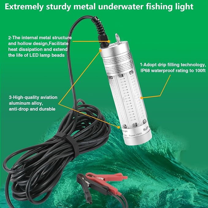150W 20900lm Underwater Fishing Light, IP68 Waterproof Aluminum Super Bright Night Fish Attracting Submersible LED Lamp Lure Bait Finder for Freshwater Saltwater Sea Kayak Ice Dock (Blue)