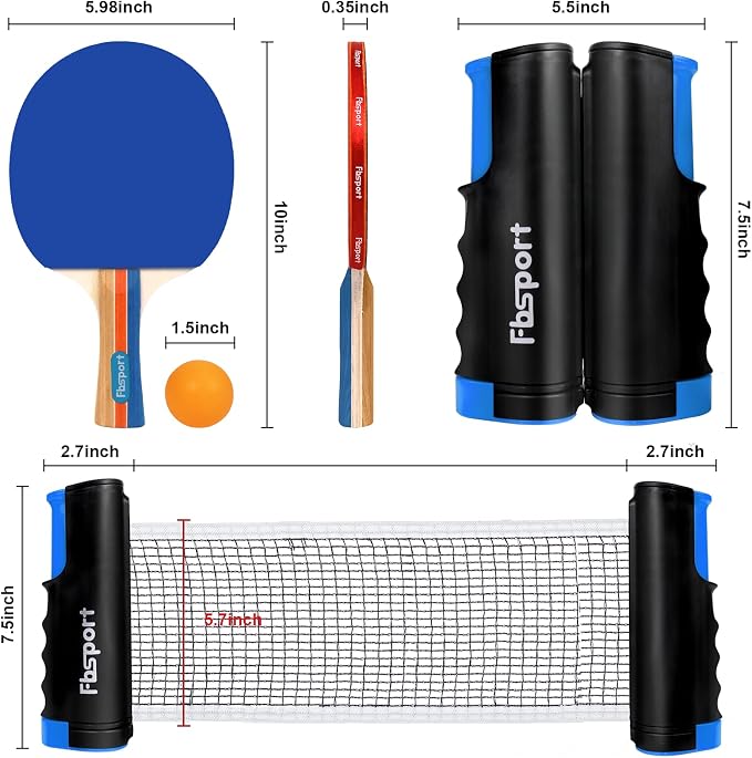 FBSPORT Ping Pong Paddle Set, Table Tennis Set with 4 Rackets and 8 Balls, Retractable Net with Storage Bag - Pingpong Paddle Accessories for Indoor/Outdoor Games