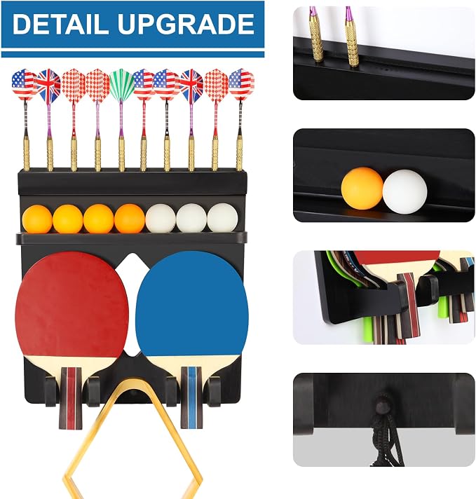 Ping Pong Paddle Holder Wall Mount Hold 8 Paddles, Ping Pong Rack Dart Holder 2-in-1, 100% Solid Wood Table Tennis Organizer, Black
