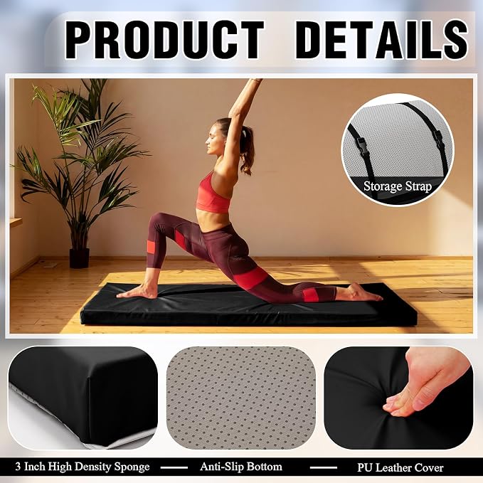 Lyrow 3 Inch 72"x 24" Thick Foldable Yoga Mat with Carry Strap, Non-slip Portable Foam Gym Mat for Yoga, Pilates and Stretching