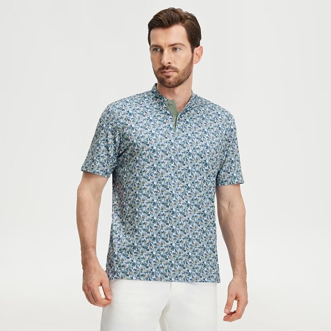 M MAELREG Golf Shirts for Men Collarless Performance Dry Fit Stretch Henley Casual Printed Mens Polo Shirts Short Sleeve