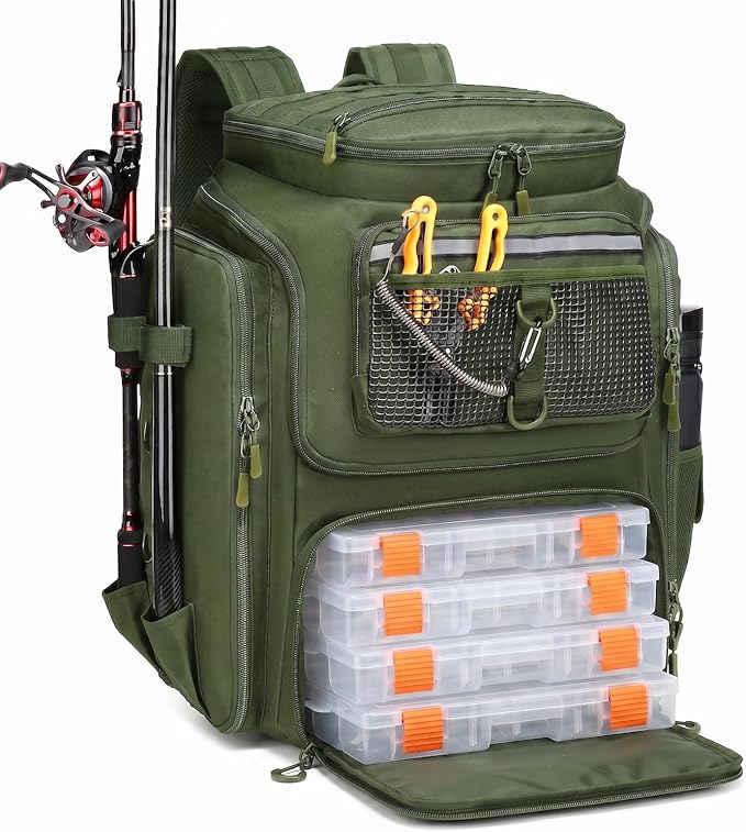 HAMBOLY Fishing Backpack 45L with Rod Holders, Water-Resistant Tackle Backpack for Fishermen, Large Capacity Fishing Gear Bag for Travel Hiking Camping