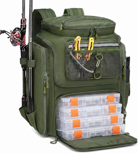 HAMBOLY Fishing Backpack 45L with Rod Holders, Water-Resistant Tackle Backpack for Fishermen, Large Capacity Fishing Gear Bag for Travel Hiking Camping
