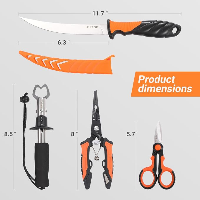 TORIOX Fishing Tool Kit with Fishing Pliers, Fish Lip Gripper, Fillet Knife & Braid Scissors, Saltwater Freshwater Fishing Accessories Set, Fishing Gear Gift for Men