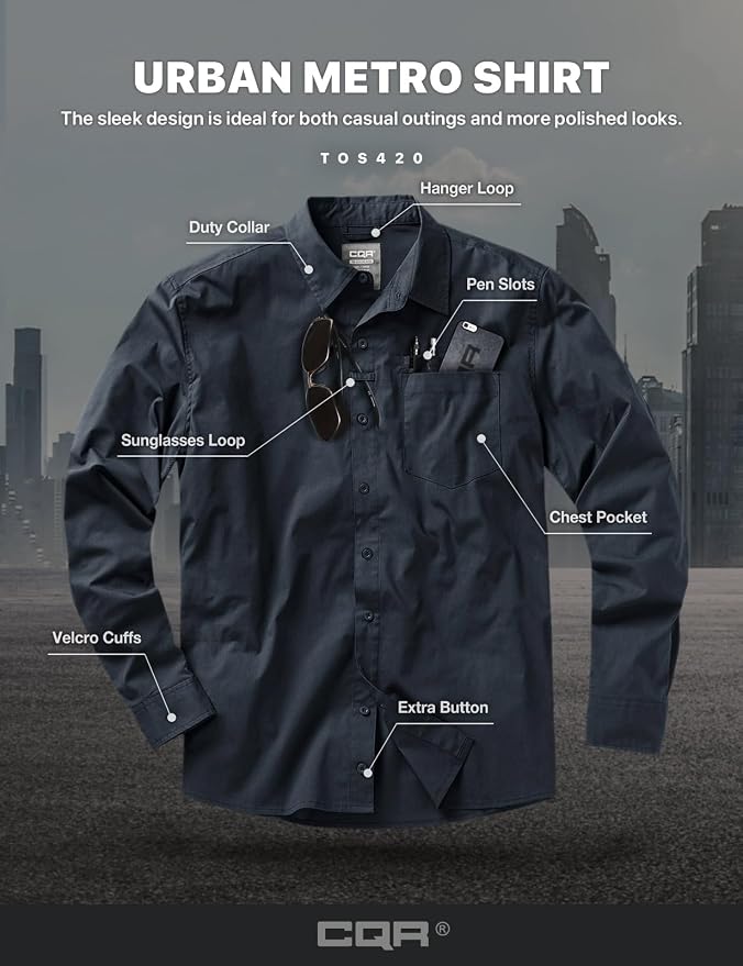 CQR Men's Long Sleeve Tactical Shirts, Ripstop Military Work Shirts, UPF 50+ Breathable Button Down Outdoor Hiking Shirt