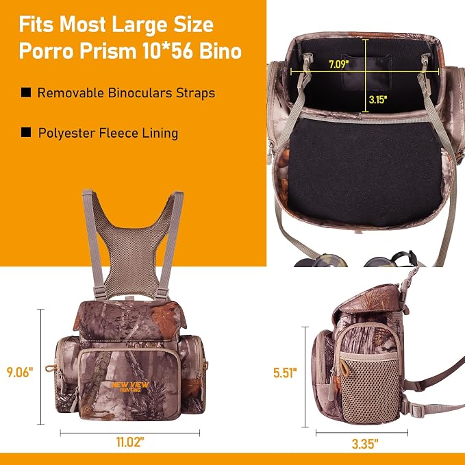 NEW VIEW Silent Hunting Binocular Harness Chest Pack with Rangefinder Pouch & Rain Cover, Stealth Bino Harness for Hunting, Fits Most Binoculars up to 10×56
