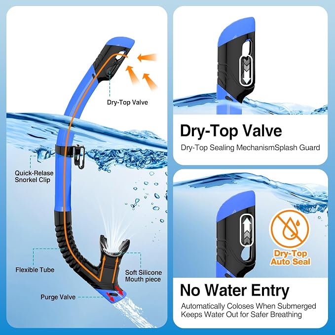 DRMAWIN Snorkeling Gear for Adults & Kids, Dry-Top Snorkel Set with 180° Tempered Glass Mask, Anti-Fog Anti-Leak, Travel Mesh Gear Bag