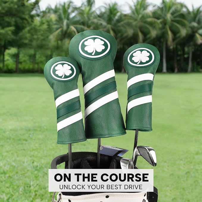 Headcovers, Leather Golf Club Covers, 1pc or 3pcs Set Lucky Clover Driver Headcover, 3 Wood Head Cover, Hybrid Rescue UT Headcover, Classic Golf Accessories