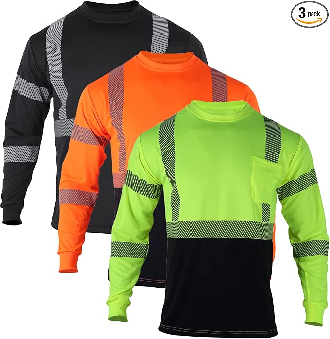 VENDACE 3 Pcs Safety T Shirts Reflective High Visibility Hi Vis Long Sleeve Construction Work Shirts for Men (Mixed,M)