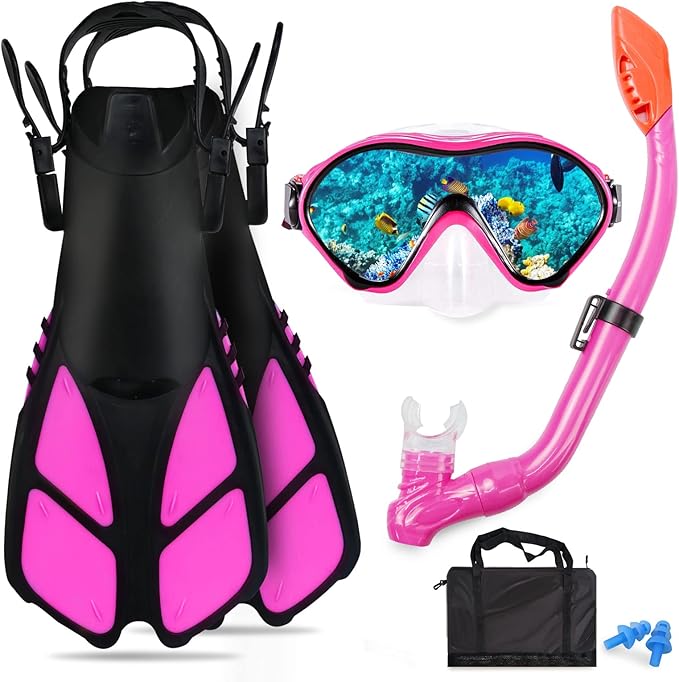Kids Snorkeling Set - Adjustable Flippers + Panoramic Snorkel Mask + Dry Snorkel Tube + Travel Bags - Suitable for Kids & Juniors, Age 5-14