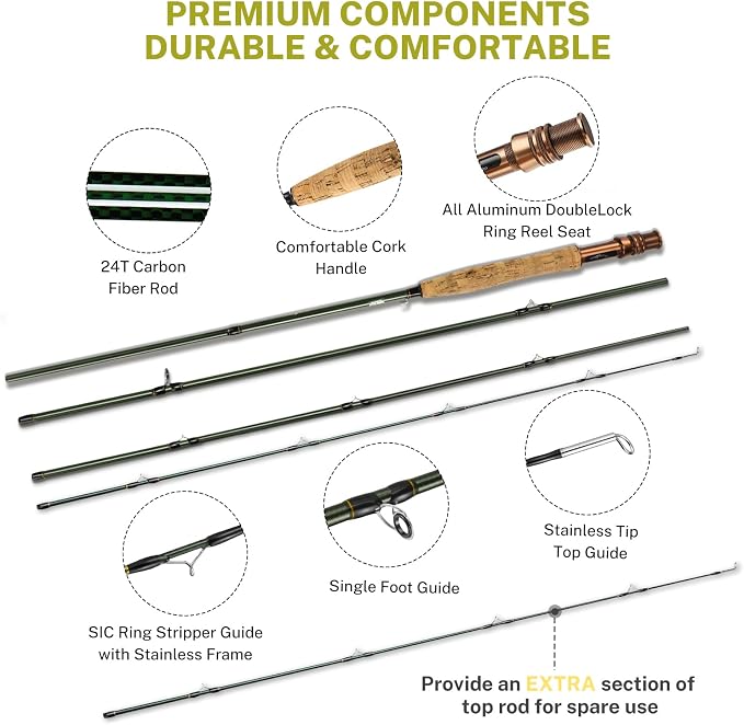Gonex Fly Fishing Rod and Reel Combo Starter Kit, 4-Piece 24T Carbon Fiber | 8FT 5WT / 9FT 5WT, Spare Tip Section, Aluminum Reel, Fishing Line & Leader, 12 Fly Flies, Scissors, Portable Case Included