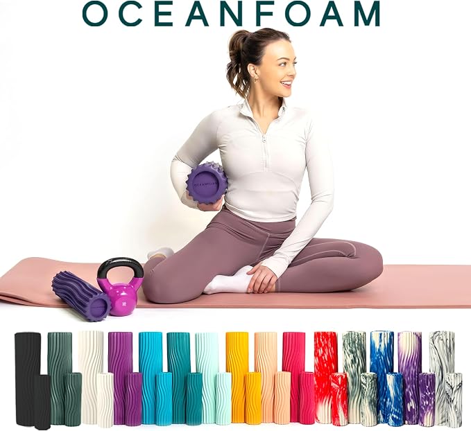 Oceanfoam Ripple Travel Foam Roller (11" x 3.35") Firm Mini Foam Roller for Physical Therapy, Deep Tissue Massage, Back Pain - High Density, Ergonomic Wave Textured - Yoga, Pilates, Exercise (Seafoam)