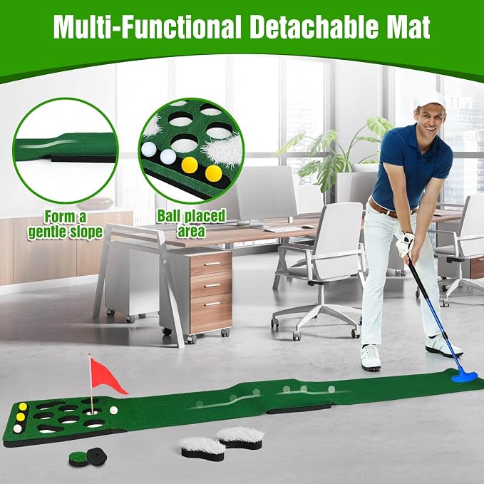 Golf Putting Game Set, Detachable Golf Putting Green Mat with 4 Balls, 2 Cups & Flags, 1 Portable Bag for Indoor & Outdoor Party Game Use