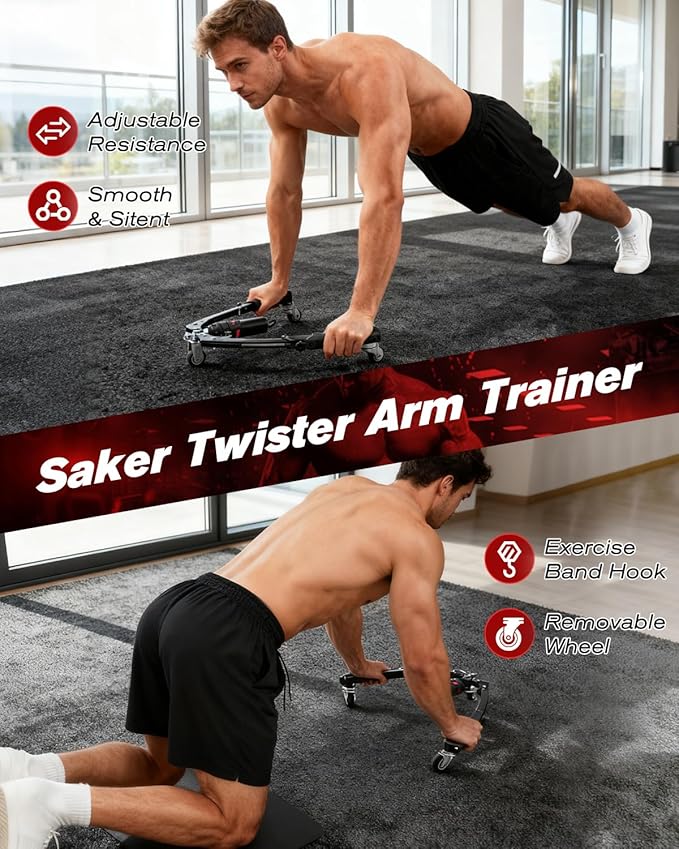 Saker Twister Arm Trainer, 3-in-1 Hydraulic Chest Workout Equipment with Ab Roller Wheel, Adjustable 22-440lbs Arm Trainer for Men & Women, Home Gym for Full Body Training